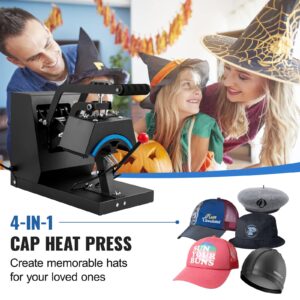 VEVOR 4-in-1 Heat Press Machine for Hats with 6x3inches Curved Teflon-Coated Heat Plate, Easy Temperature Control Non-Slip Base, Four Replaceable Elements 6x3/6.7x2.7/6.7x3.8/8.1x3.5inches