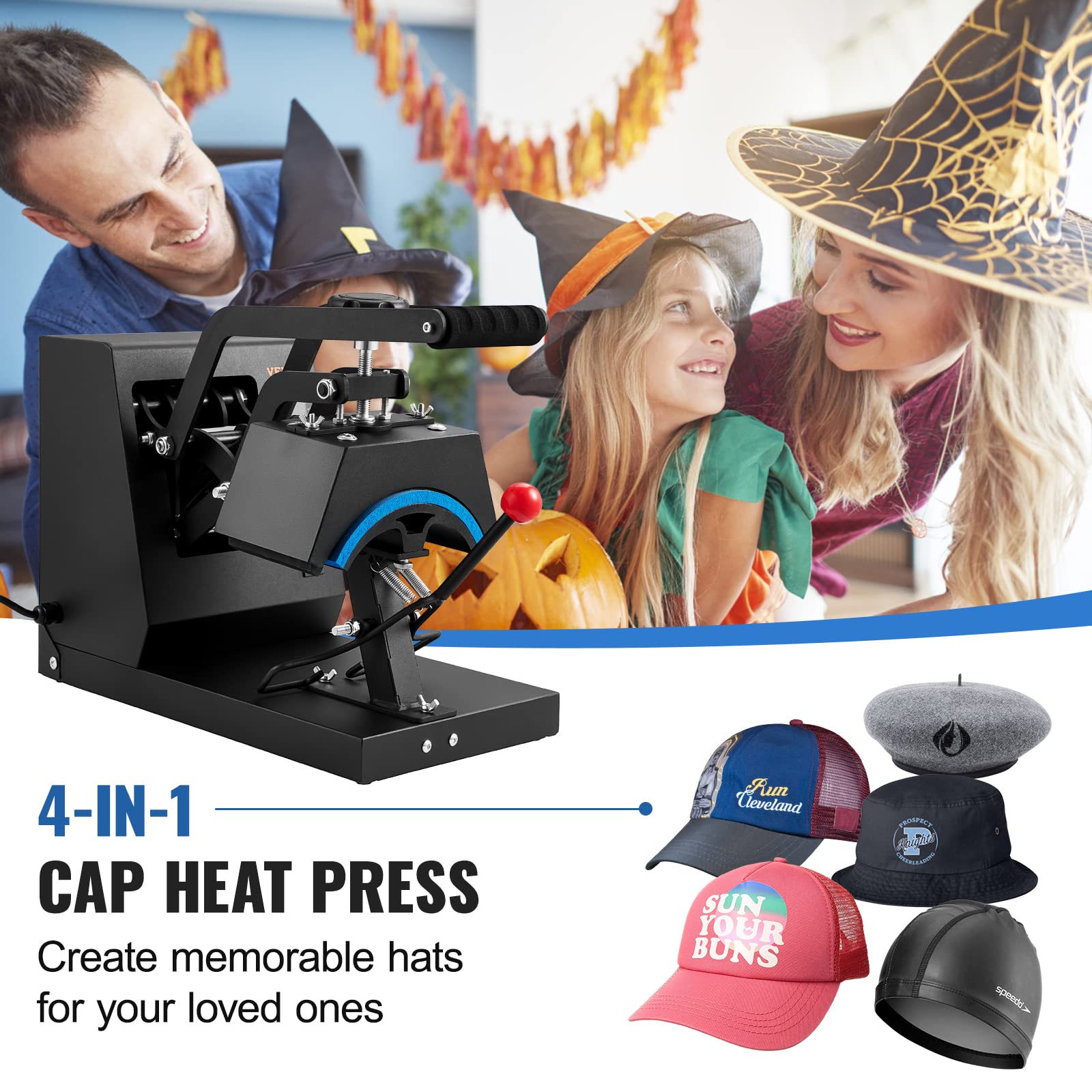 VEVOR 4-in-1 Heat Press Machine for Hats with 6x3inches Curved Teflon-Coated Heat Plate, Easy Temperature Control Non-Slip Base, Four Replaceable Elements 6x3/6.7x2.7/6.7x3.8/8.1x3.5inches