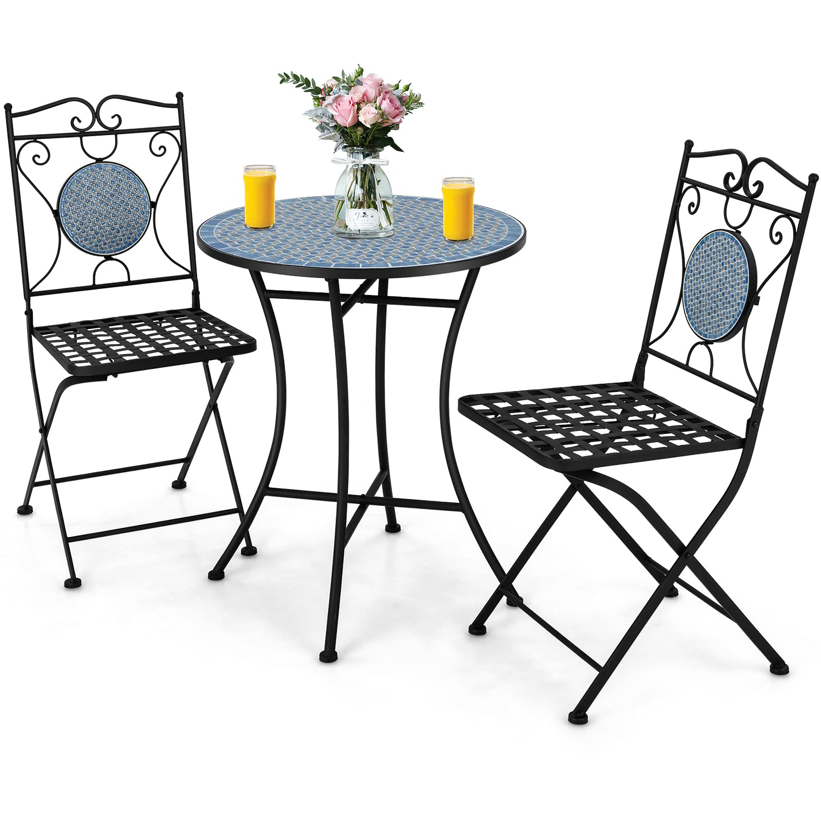 Tangkula 3 Pieces Patio Bistro Set, Outdoor Garden Furniture Set with Mosaic Round Table and 2 Folding Chairs, Outdoor Bistro Set for Porch, Terrace, Balcony