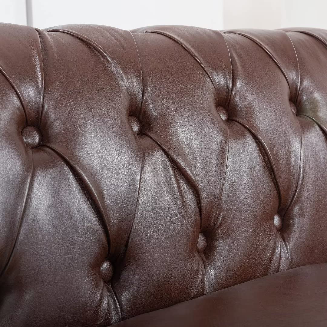 84"Rolled Arm Chesterfield Sofa Couch, Modern 3 Seater Sofa Couch, Luxious Leather Couch with Thicken Seat Cushions and Button Tufted Back, Chesterfield Couch with Nailhead Trim, Dark Brown+PU