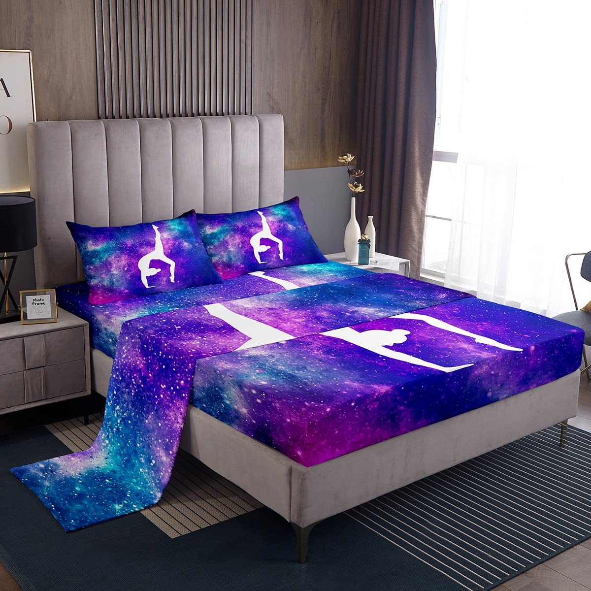 Erosebridal Gymnastic Bed Sheet for Girls Women Gift, Gymnastics Lovers Sheet Set Purple Galaxy Bedding Set Full Size, Tie Dye Glitter Blue Purple Fitted Sheet - Deep Pocket 4 Pcs with 2 Pillowcases