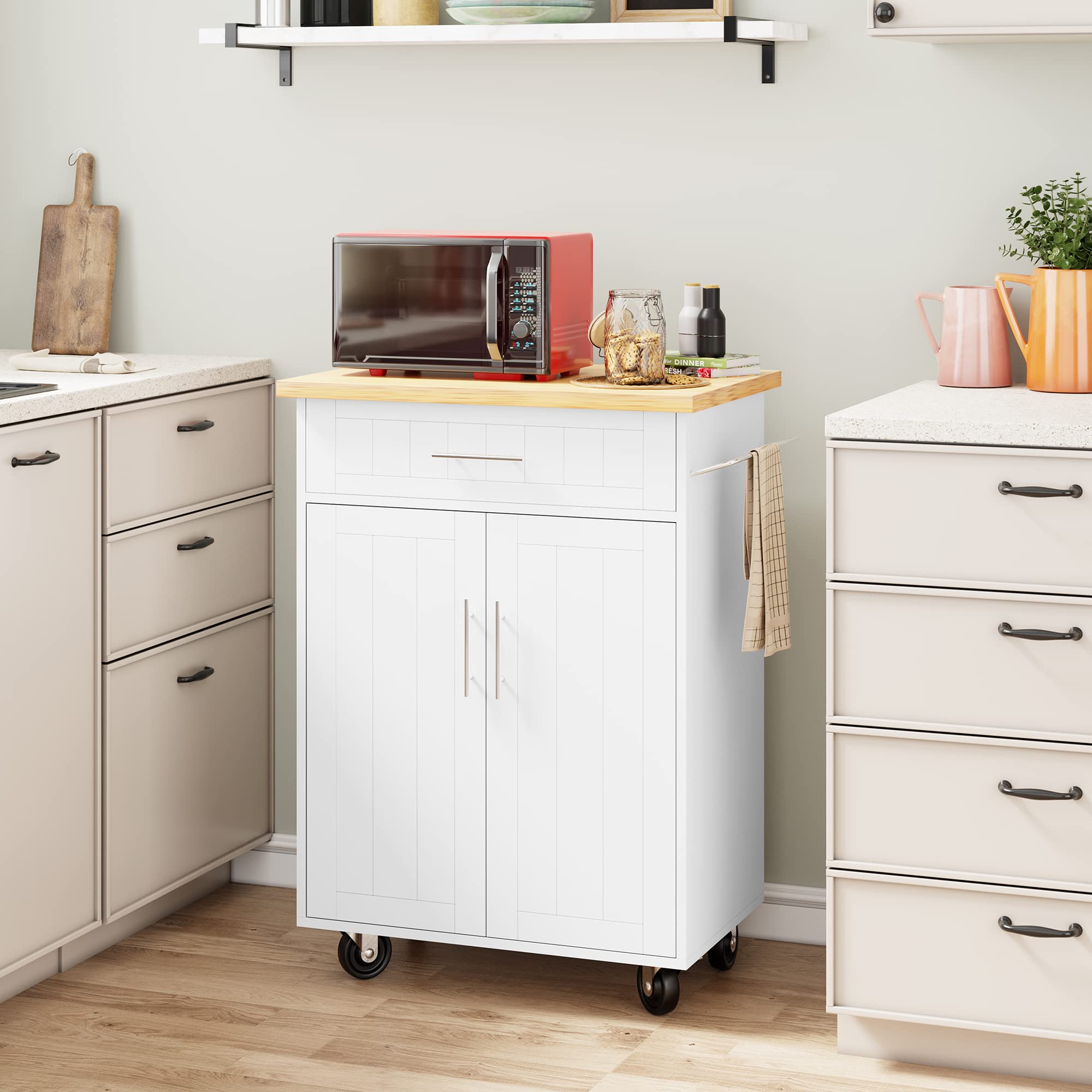 Shintenchi Kitchen Island Cart with Storage,Rolling Side Table on Wheels with Large Worktop, Cabinet,Towel Rack and Drawers for Kitchen,Dinning Room, White