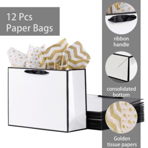 SHIPKEY 12 Pack White Gift Bags with Tissue Paper, 12.5x4.5x11 inches White Paper Bags with Ribbon Handles, Large Gift Bags