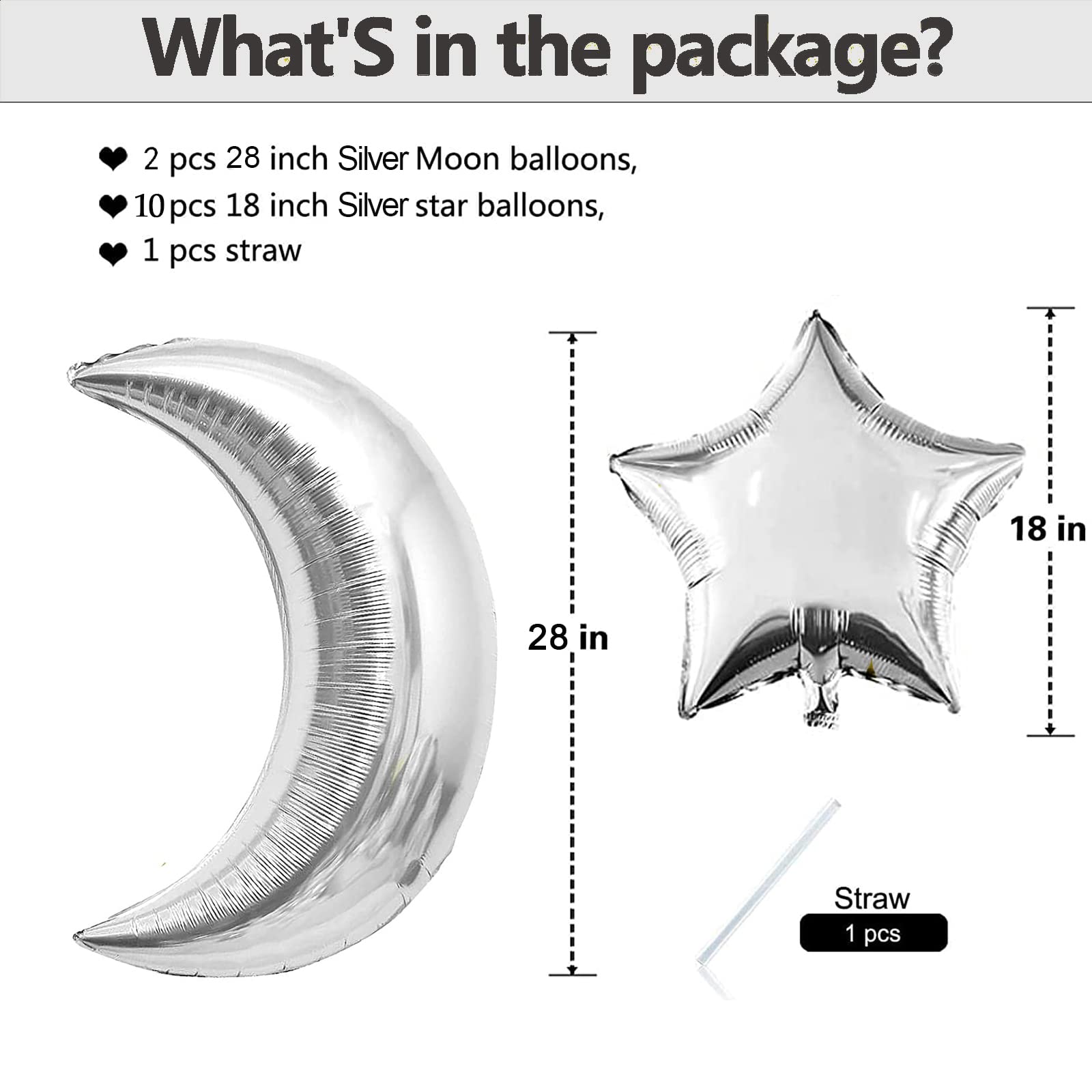 Silver Moon and Star Shape Balloons Large Aluminum Foil Balloons Decorate for Birthday Party,Baby Shower, Wedding, Bridal Shower Engagement Photo Shoot, Anniversary Decoration （12pcs）