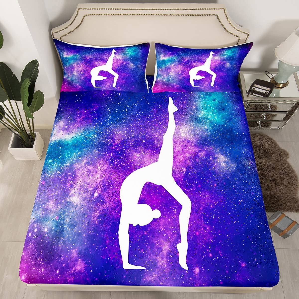 Erosebridal Gymnastic Bed Sheet for Girls Women Gift, Gymnastics Lovers Sheet Set Purple Galaxy Bedding Set Full Size, Tie Dye Glitter Blue Purple Fitted Sheet - Deep Pocket 4 Pcs with 2 Pillowcases