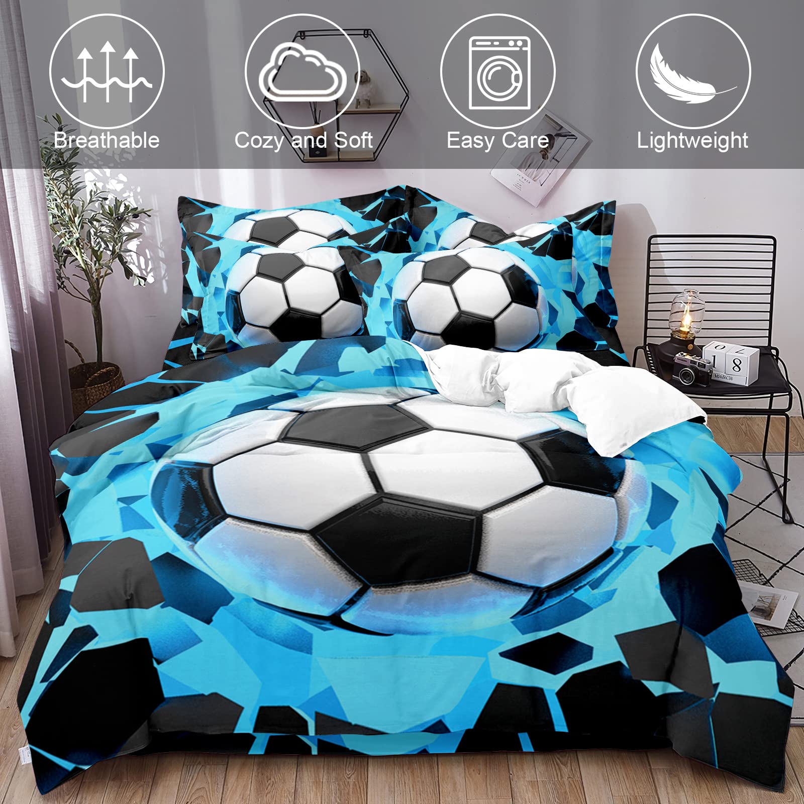 Blue Soccer Duvet Cover Set Queen, 3 Pieces Reversible Sports Soccer Pattern Bedding Set for Soccer Fans Kids Teens Boys, Soft Microfiber Sports Theme Duvet Cover Queen 90"x90"(No Comforter)