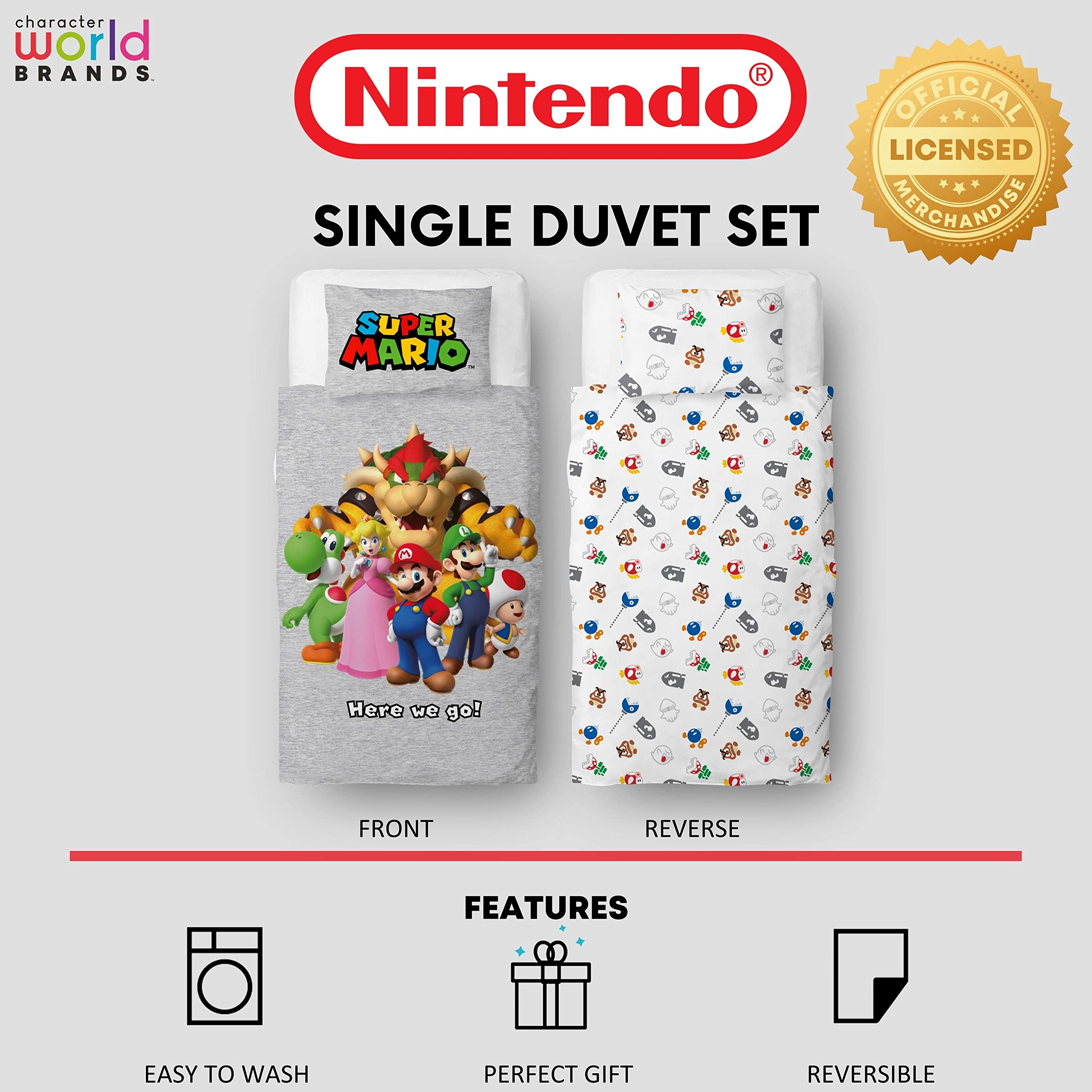 Nintendo Super Mario Official Single Duvet Cover Set, Here We Go Design | Reversible 2 Sided Bedding Cover Official Merchandise Including Matching Pillow Case | Single Bed Set | Polycotton