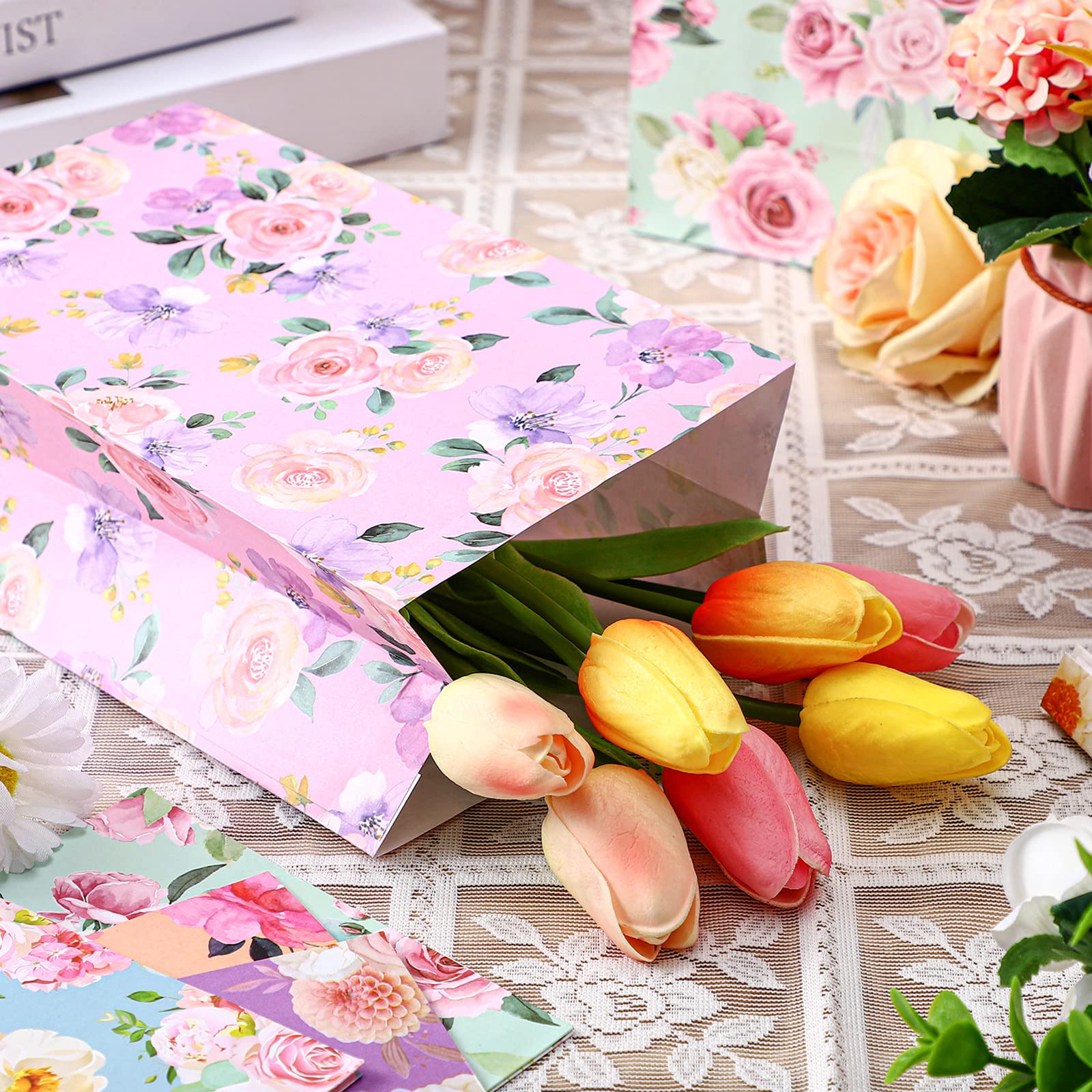 Panelee 24 Pcs Floral Paper Gift Bags Tea Party Bags Spring Goodie Bags Small Flower Candy Treat Bags for Wedding Bridal Baby Shower Birthday Mother's Day Decorations