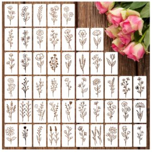 botanical flower stencils for crafts small wildflower floral paint stencil for painting on wood card making, tiny nature vine herb essential art stencils for adults kids furniture walls (50 flowers 2)