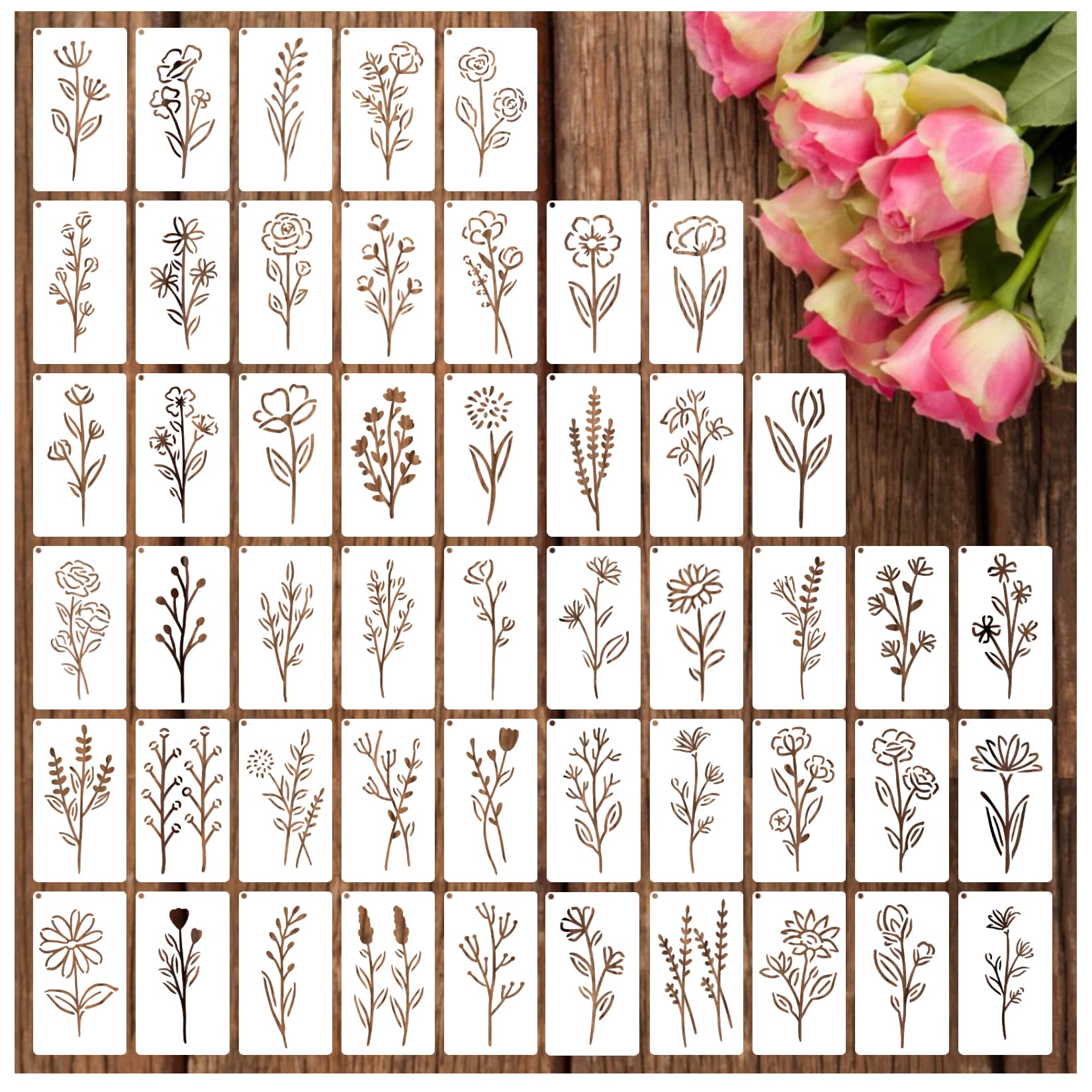 Botanical Flower Stencils for Crafts Small Wildflower Floral Paint Stencil for Painting on Wood Card Making, Tiny Nature Vine Herb Essential Art Stencils for Adults Kids Furniture Walls (50 flowers 2)