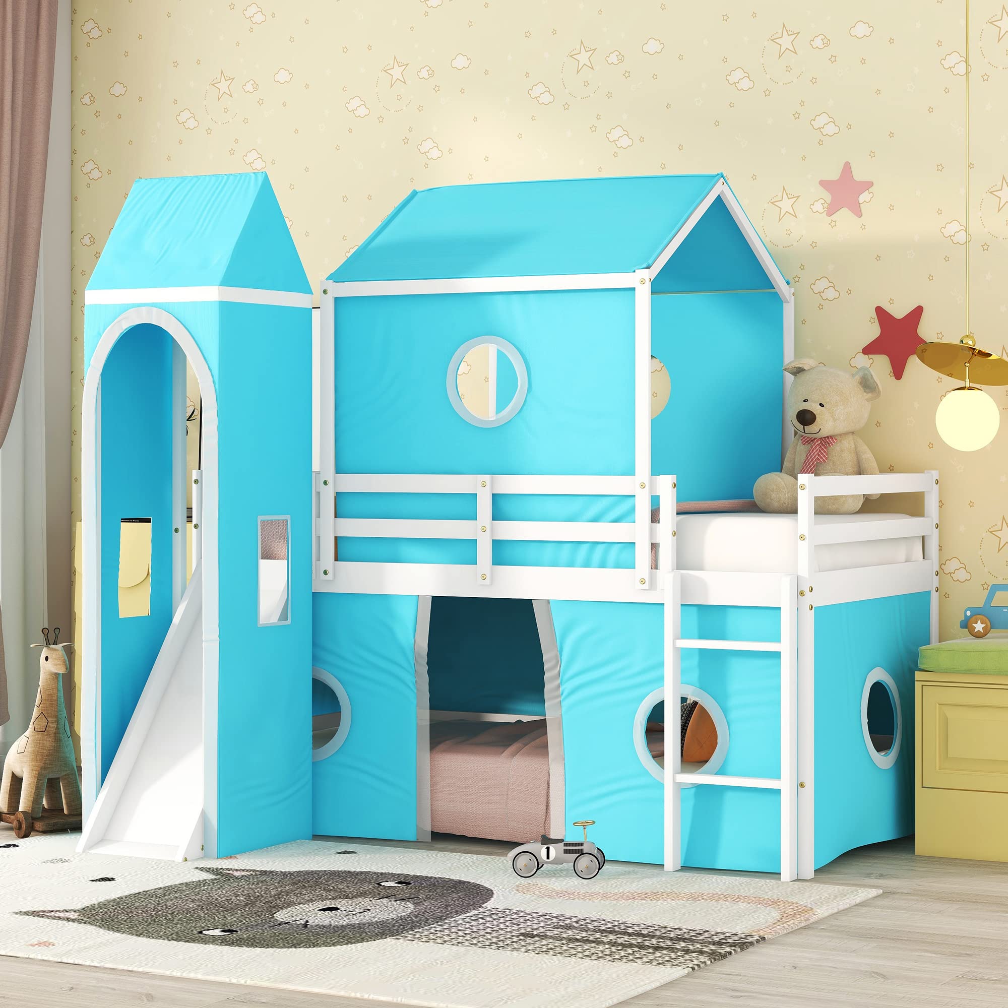 VilroCaz Playhouse Design Twin Size Low Loft Bed with Slide & Tent and Tower, Solid Wood Tent Bed Frame for Kids Boys Girls, Versatile Spacious Under Bed Space with Curtains(Blue-TW)