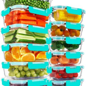 KOMUEE 12 Packs Glass Meal Prep Containers Set, Glass Food Storage Containers with Locking Lids, Airtight Glass Lunch Containers, Microwave, Oven, Freezer & Dishwasher Friendly, Green