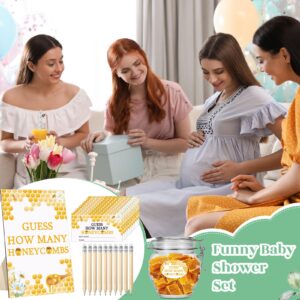 Glenmal 114 Pcs Bee Baby Shower Games Guess How Many Honeycombs Wooden Guessing Game Sign 100 Guessing Cards 10 Pencils 2 Stickers 1 Bottle for Guests Baby Shower Gender Reveal Party, No Honeycombs