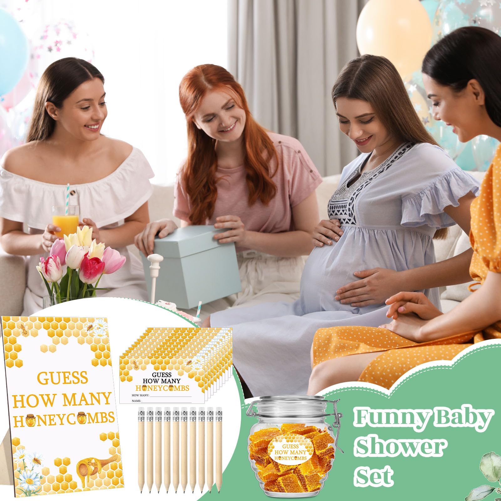 Glenmal 114 Pcs Bee Baby Shower Games Guess How Many Honeycombs Wooden Guessing Game Sign 100 Guessing Cards 10 Pencils 2 Stickers 1 Bottle for Guests Baby Shower Gender Reveal Party, No Honeycombs