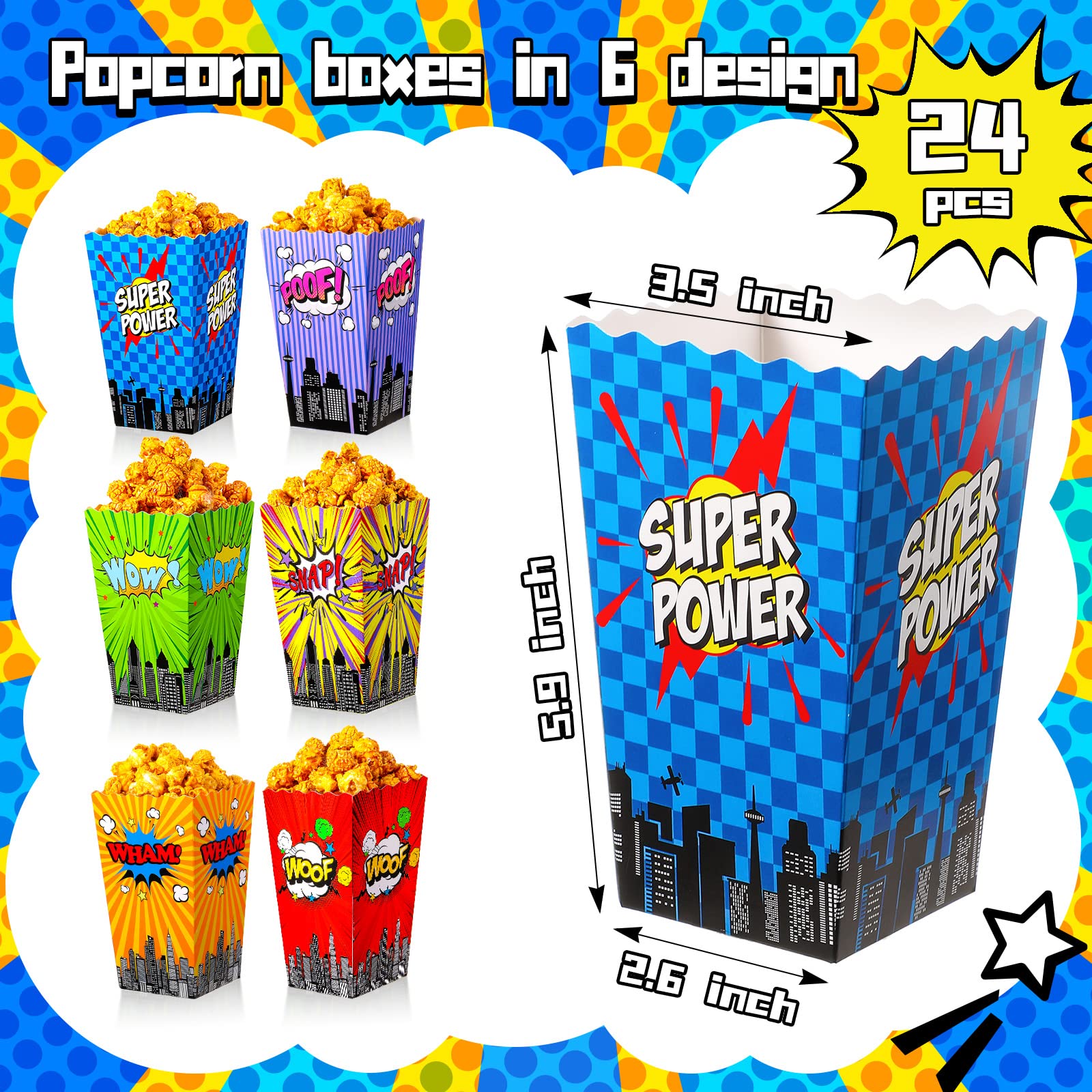 24 Pcs Hero Theme Popcorn Boxes Hero Party Supplies Snack Treat Box Cookie Box Popcorn Containers for Kids Adults Candy Baby Shower Favor Birthday Party Supplies