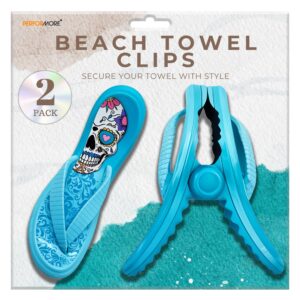 performore flip flop beach towel clips (blue), 2-pack, portable towel holder clips, secure clips for beach chairs deck patio pool boat cruise lounge chair accessories