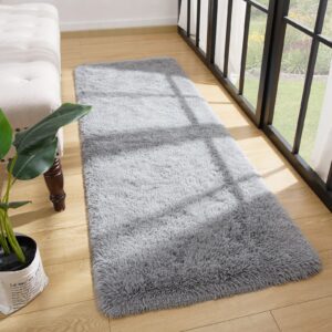 Fosirug Rugs for Bedroom Long Plush 2x6 Feet Runner Rug for Living Room Ultra Soft Shaggy Carpet for Christmas Home Decor Fluffy Mat Faux Fur Rug for Bedside Nursery Kids Room College Drom, Grey