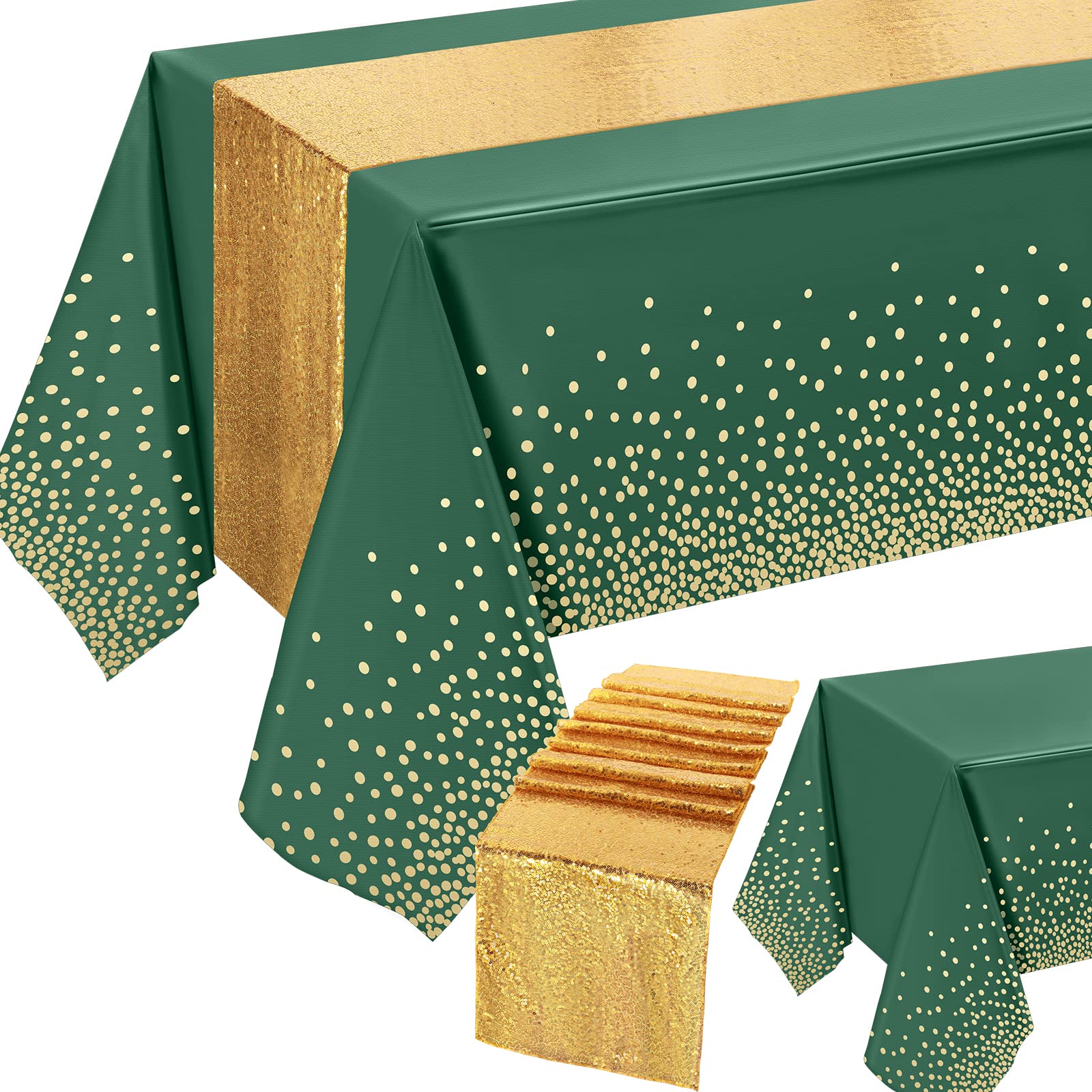 Tudomro Tablecloth and Sequin Table Runner Set 54 x 108 Inch Polka Dots Confetti Table Cover Dining Plastic Table Cloths Glitter Decorations for Birthday Wedding Anniversary Party (Green Gold)