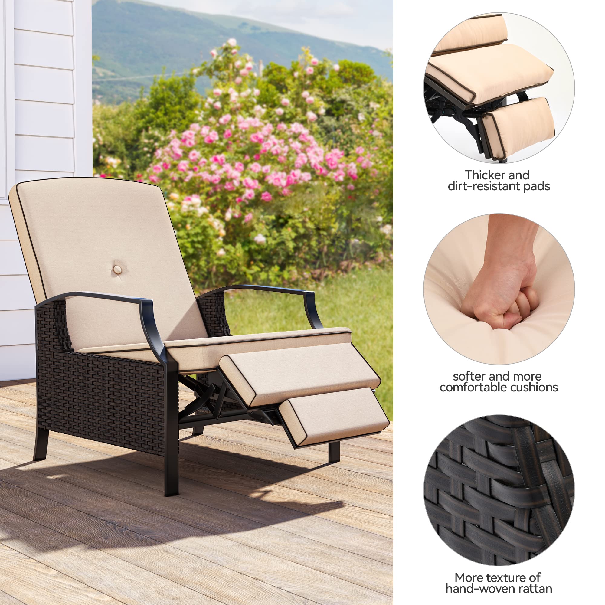 YITAHOME 2-Piece Patio Outdoor Indoor Adjustable Function Wicker Recliner Chairs, Dual-use Rattan Lounge Chairs with Soft Thick Cushions, Extended Footrest, Flip Back (Brown + Beige)