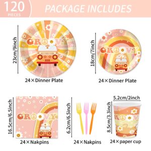 Oigco 120PCS Groovy Birthday Party Supplies Hippie Boho Plates Napkins Cups Retro Daisy Flower 60's Style Party Supplies for Girls Happy Birthday Tableware Set for 24 Guests