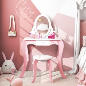 Costzon Kids Vanity Set, 2 in 1 Princess Makeup Dressing Table w/Double-Sided 360° Swivel Mirror, Hairdryer & Accessories, Toddler Vanity with Drawer & Stool, Pretend Play Vanity Set for Little Girls