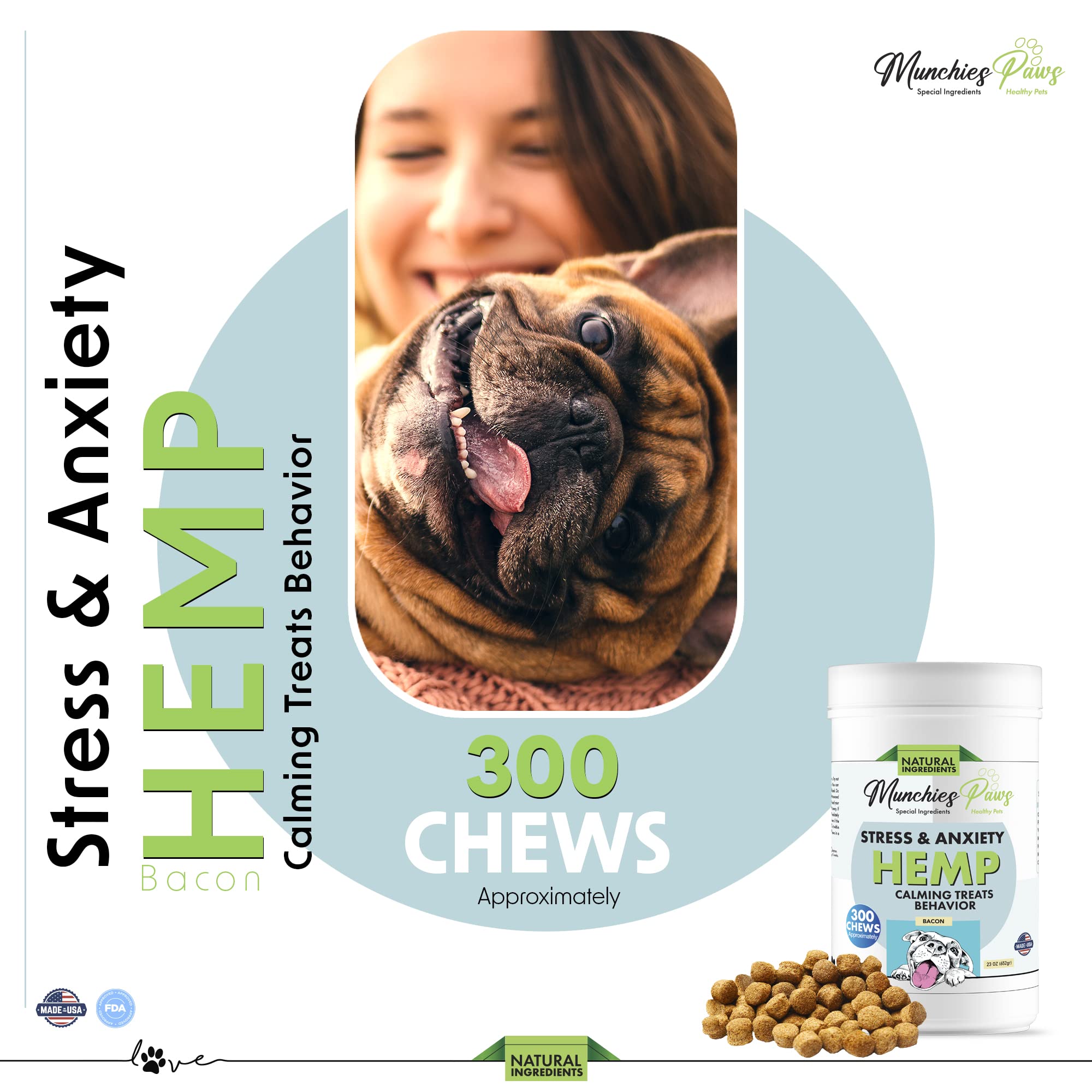 Munchies Paws Dog Treats Stress Relief Made in USA Stress and Anxiety Organic Hemp 300 Count (Peanut Butter)