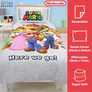 Nintendo Super Mario Official Single Duvet Cover Set, Here We Go Design | Reversible 2 Sided Bedding Cover Official Merchandise Including Matching Pillow Case | Single Bed Set | Polycotton