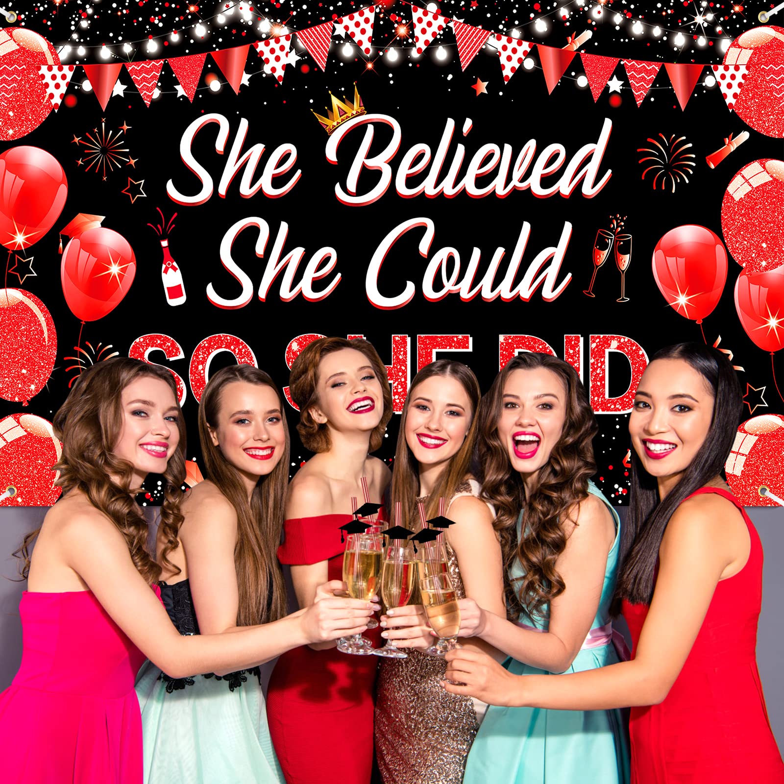 2024 Red Black Graduation Decoration Banner Red Black She Believed She Could So She Did Graduation Banner 2024 Class of Graduation Banner for Women Girls High School College Graduation 72.8x43.3 inch