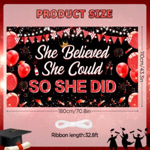 2024 Red Black Graduation Decoration Banner Red Black She Believed She Could So She Did Graduation Banner 2024 Class of Graduation Banner for Women Girls High School College Graduation 72.8x43.3 inch