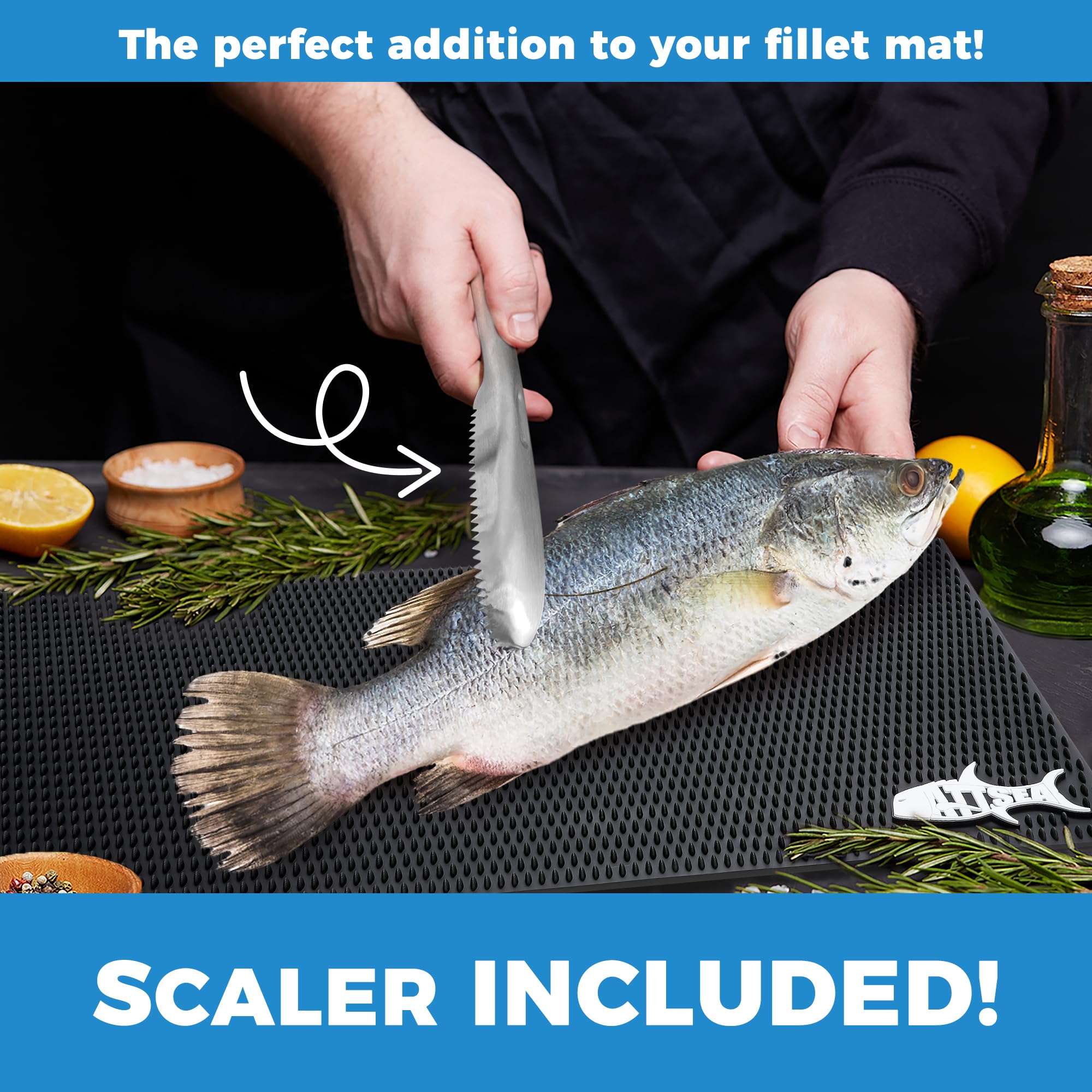 ATTSEA Non-Slip Fish Fillet Mat Regular L Size 23.5" x 15.75" ! for The Big Fish Stainless Fish Scaler Included (Black, Regular Large)