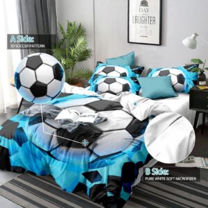 Blue Soccer Duvet Cover Set Queen, 3 Pieces Reversible Sports Soccer Pattern Bedding Set for Soccer Fans Kids Teens Boys, Soft Microfiber Sports Theme Duvet Cover Queen 90"x90"(No Comforter)