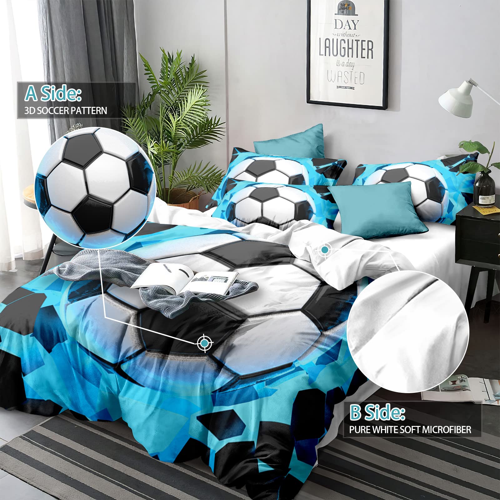 Blue Soccer Duvet Cover Set Queen, 3 Pieces Reversible Sports Soccer Pattern Bedding Set for Soccer Fans Kids Teens Boys, Soft Microfiber Sports Theme Duvet Cover Queen 90"x90"(No Comforter)