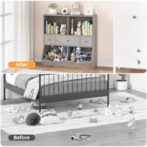 Alkmaar Kids Bookshelf and Bookcase Toy Storage Multi Shelf with Cubby Organizer Cabinet and Drawers for Boys Girls for Children's Room Playroom Hallway Bedroom (Grey)