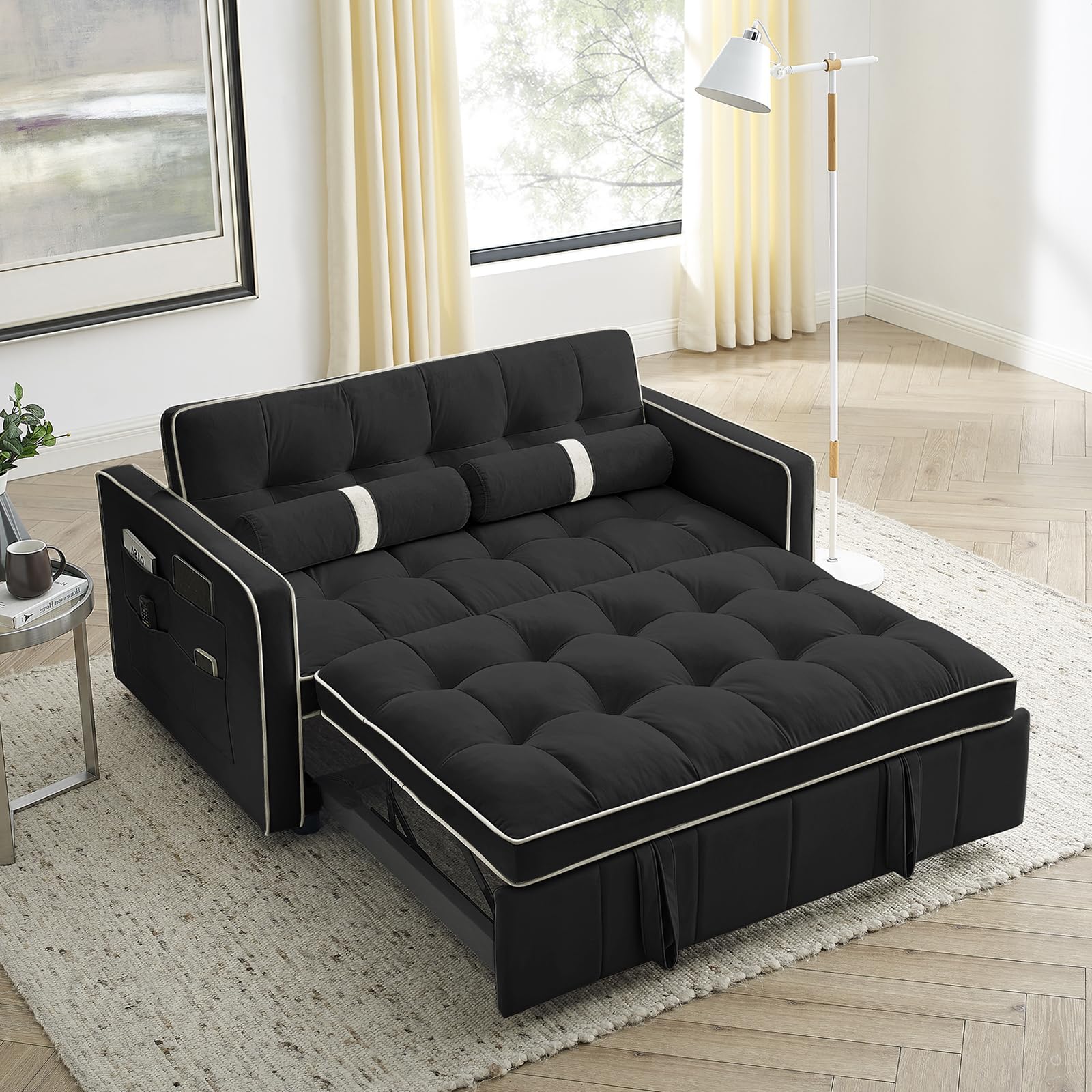 55.5" Convertible Sleeper Sofa Bed, 3 in 1 Velvet Loveseat Sofa Couch with Adjustable Backrest, Modern Pull Out Couch with Round Pillows and Pockets for Living Room (Black)