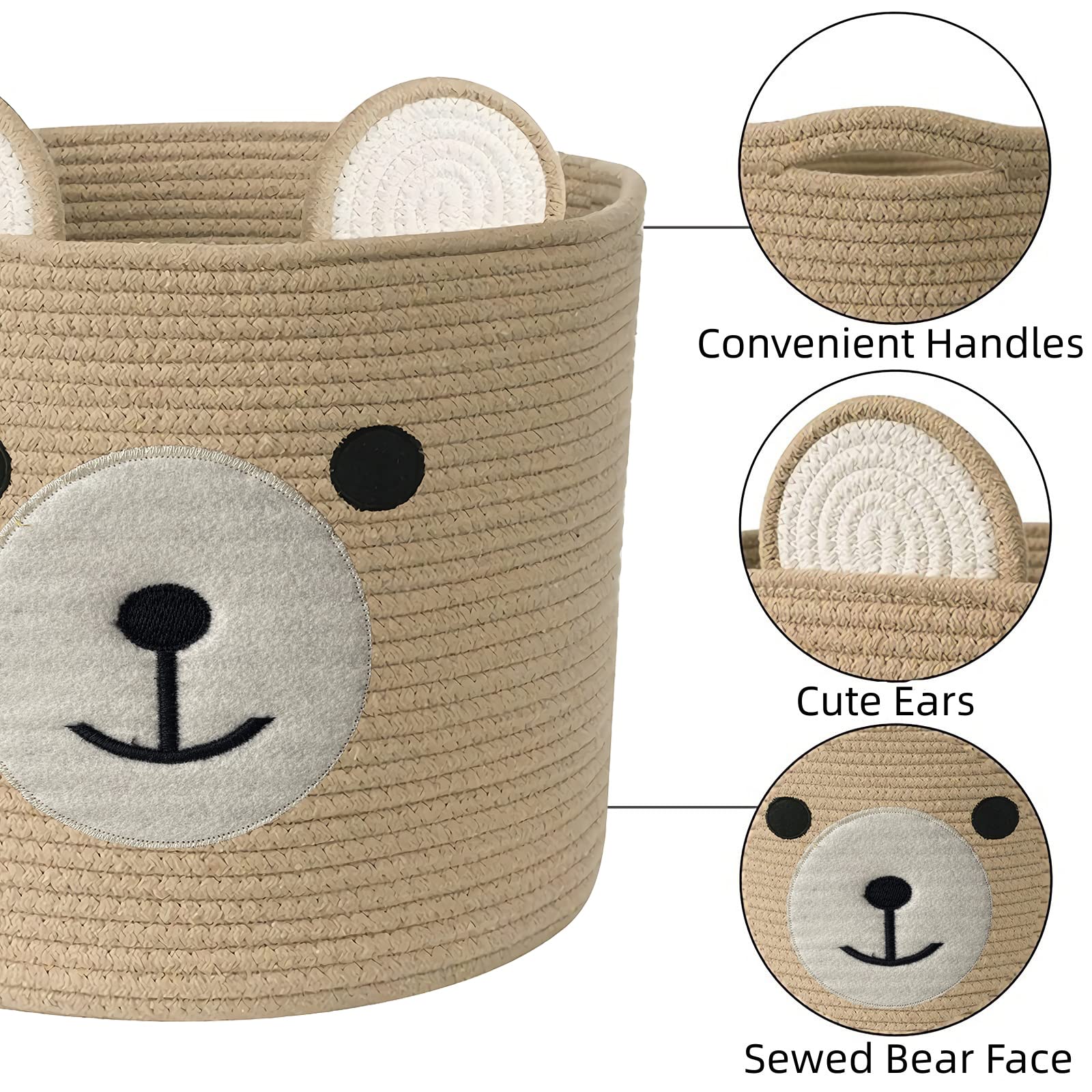 Bear Laundry Baskets Laundry Hamper Storage Basket with Handles,Decorative Basket for Living room,Woven Storage Basket for Toys Bin Pillows Blankets Clothes (Khaki - Version 2)