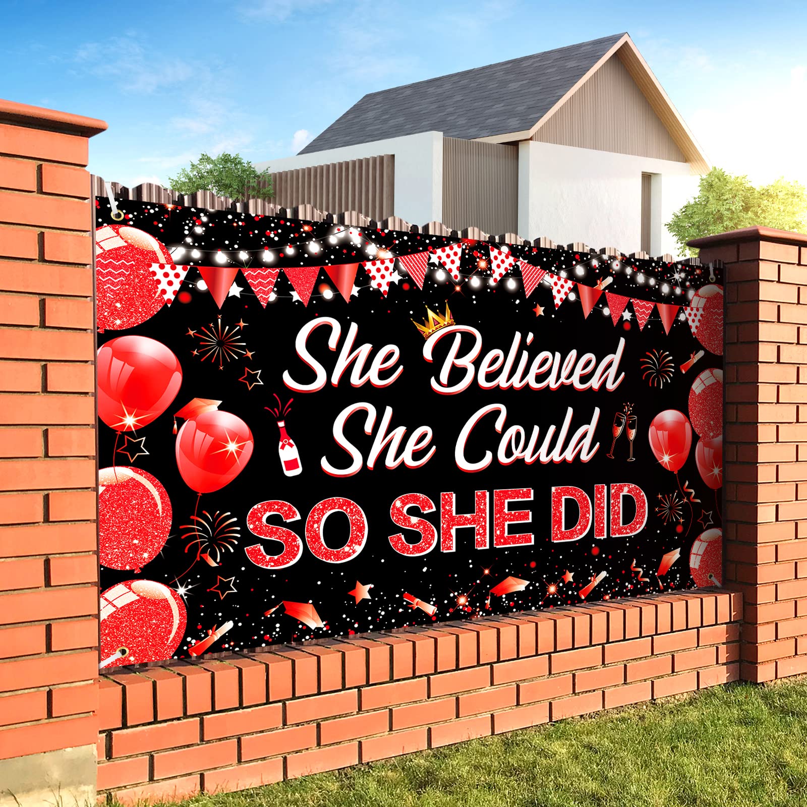 2024 Red Black Graduation Decoration Banner Red Black She Believed She Could So She Did Graduation Banner 2024 Class of Graduation Banner for Women Girls High School College Graduation 72.8x43.3 inch