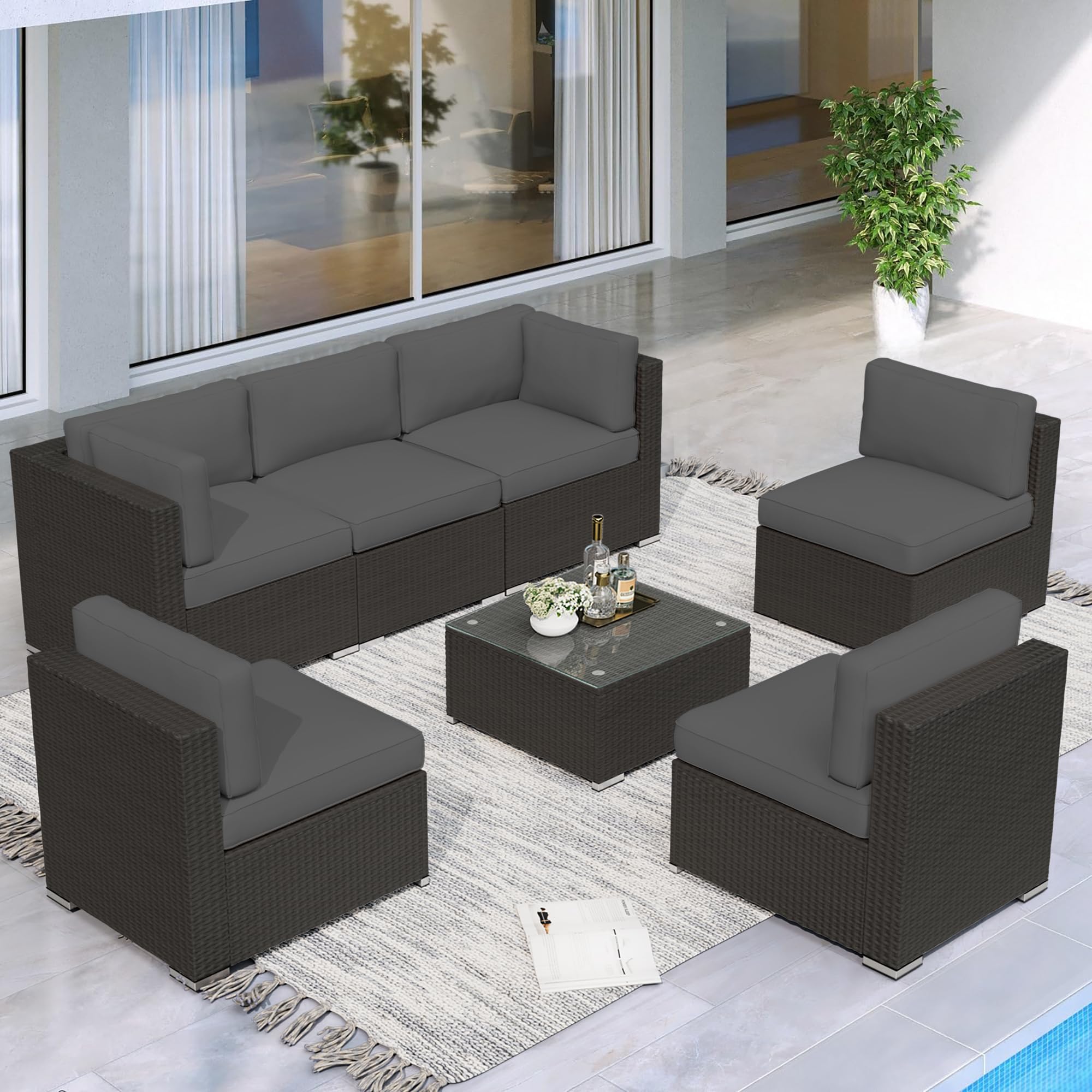 Betterland 7 Piece Outdoor Sectional Sofa Patio Furniture Set, All-Weather PE Rattan Wicker Patio Conversation Set with Washable Cushion and Glass Table(Grey)