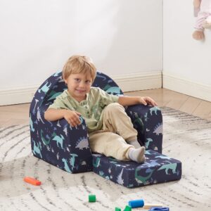 Ulax furniture Kids Sofa Couch, 2-in-1 Flip Out Toddler Couch, Baby Lounge Chair (Navy Dinosaur)