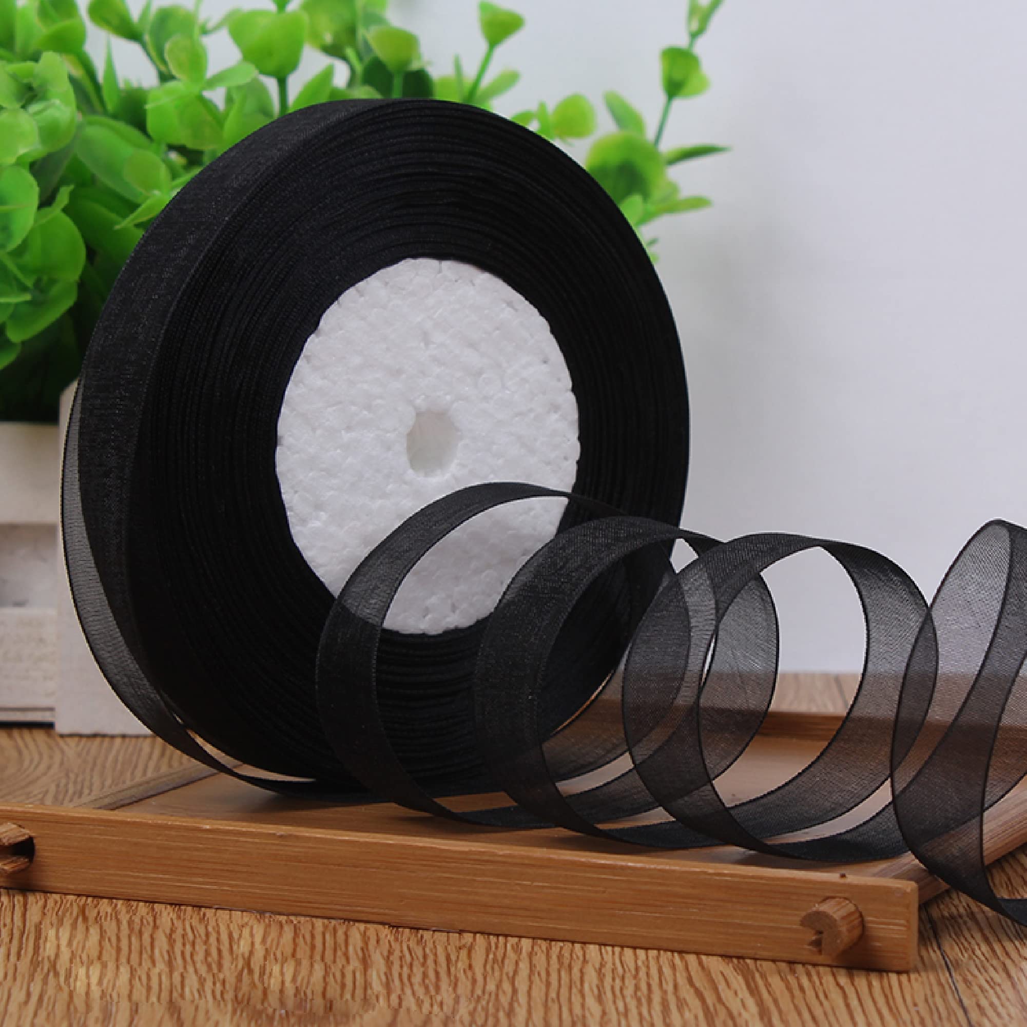 MUWOOB 1 inch Black Organza Ribbon, 50 Yards Sheer Chiffon Ribbons for Gift Wrapping, Bouquet, Garland, Bowknot, Hair, Crafts, Balloons, Party Decoration