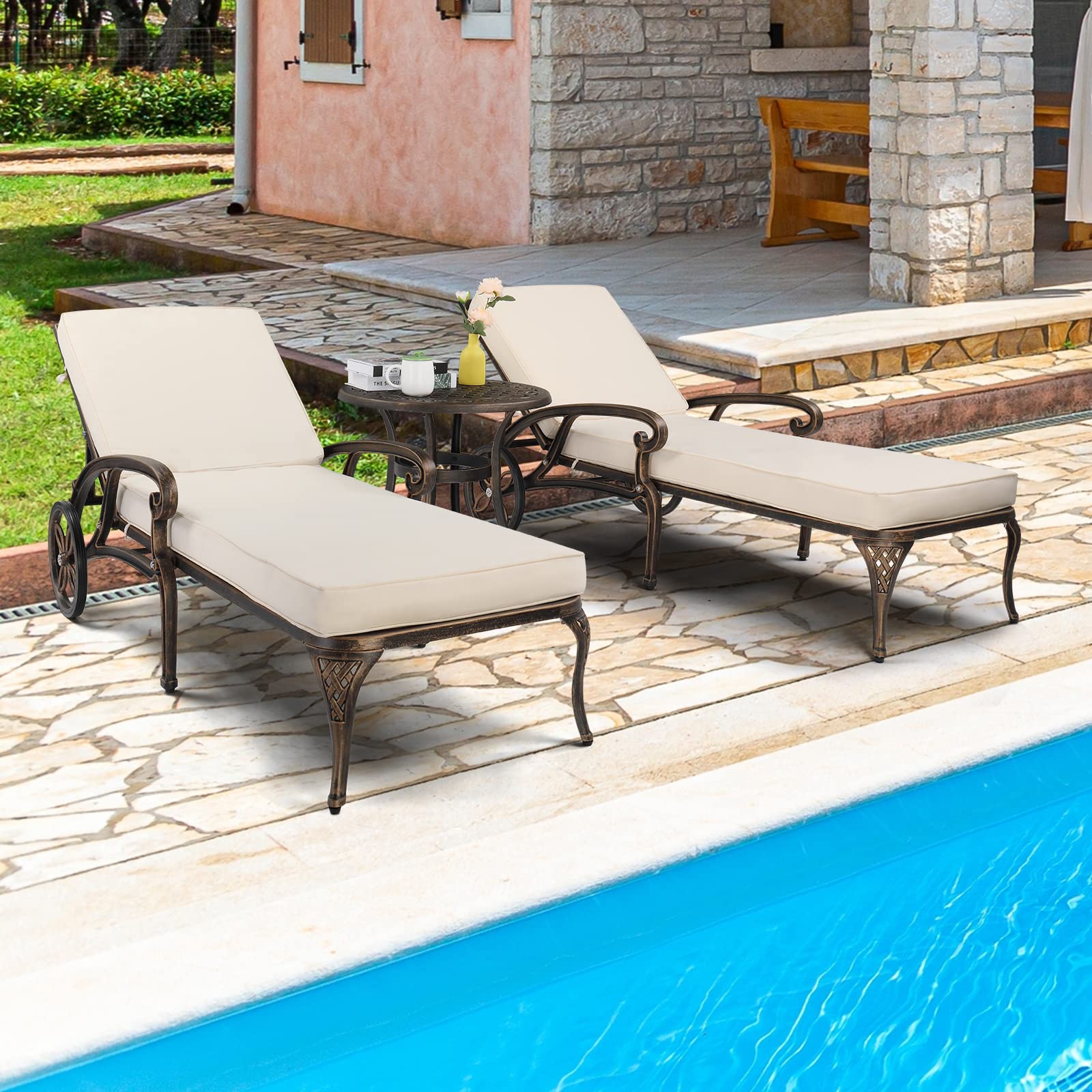 VINGLI Cast Aluminum Outdoor Chaise Lounge Chair and Side Table Set, Patio Chaise Lounge with 3-Position Adjustable Backrest, Tanning Chair Reclining Chair Poolside Lounge Chair (with Round Table)