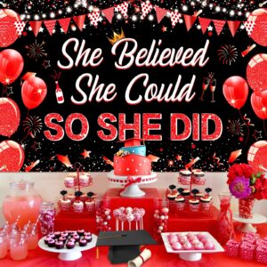 2024 Red Black Graduation Decoration Banner Red Black She Believed She Could So She Did Graduation Banner 2024 Class of Graduation Banner for Women Girls High School College Graduation 72.8x43.3 inch