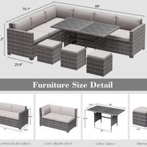 LHBcraft 7 Piece Patio Furniture Set, Outdoor Furniture Patio Sectional Sofa, All Weather PE Rattan Outdoor Sectional with Grey Cushions and Table, Grey Wicker (Grey)