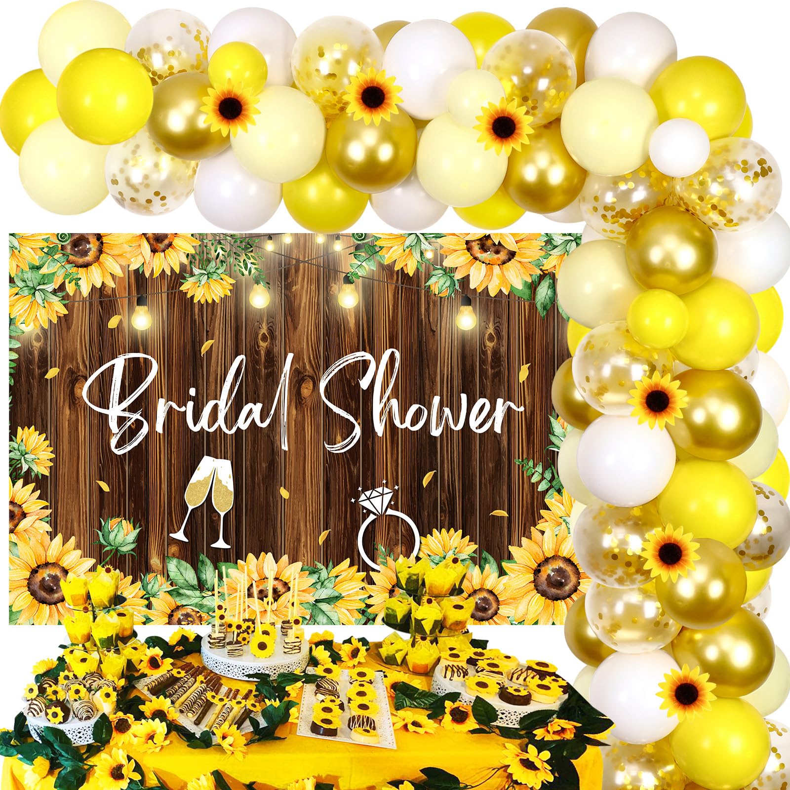 Yellow Sunflower Balloon Garland Arch Kit, Sunflower Bridal Shower Backdrop - Yellow White Gold Bachelorette Party Decorations with Artificial Flowers for Wedding Engagement Party Supplies