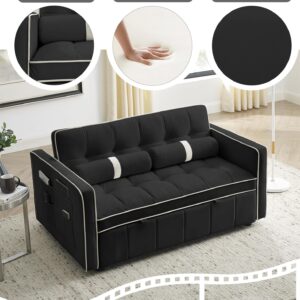 55.5" Convertible Sleeper Sofa Bed, 3 in 1 Velvet Loveseat Sofa Couch with Adjustable Backrest, Modern Pull Out Couch with Round Pillows and Pockets for Living Room (Black)