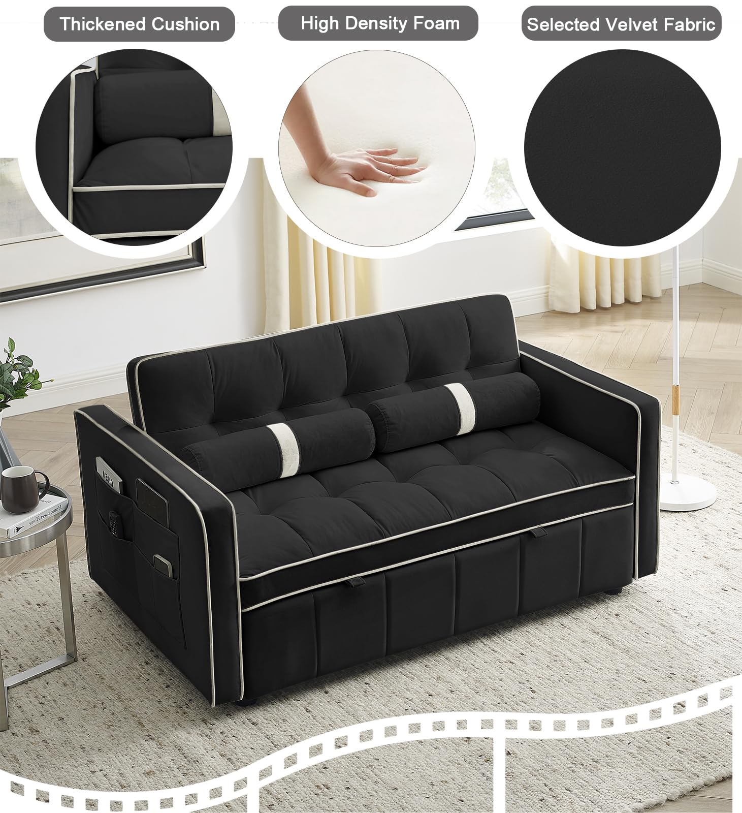 55.5" Convertible Sleeper Sofa Bed, 3 in 1 Velvet Loveseat Sofa Couch with Adjustable Backrest, Modern Pull Out Couch with Round Pillows and Pockets for Living Room (Black)