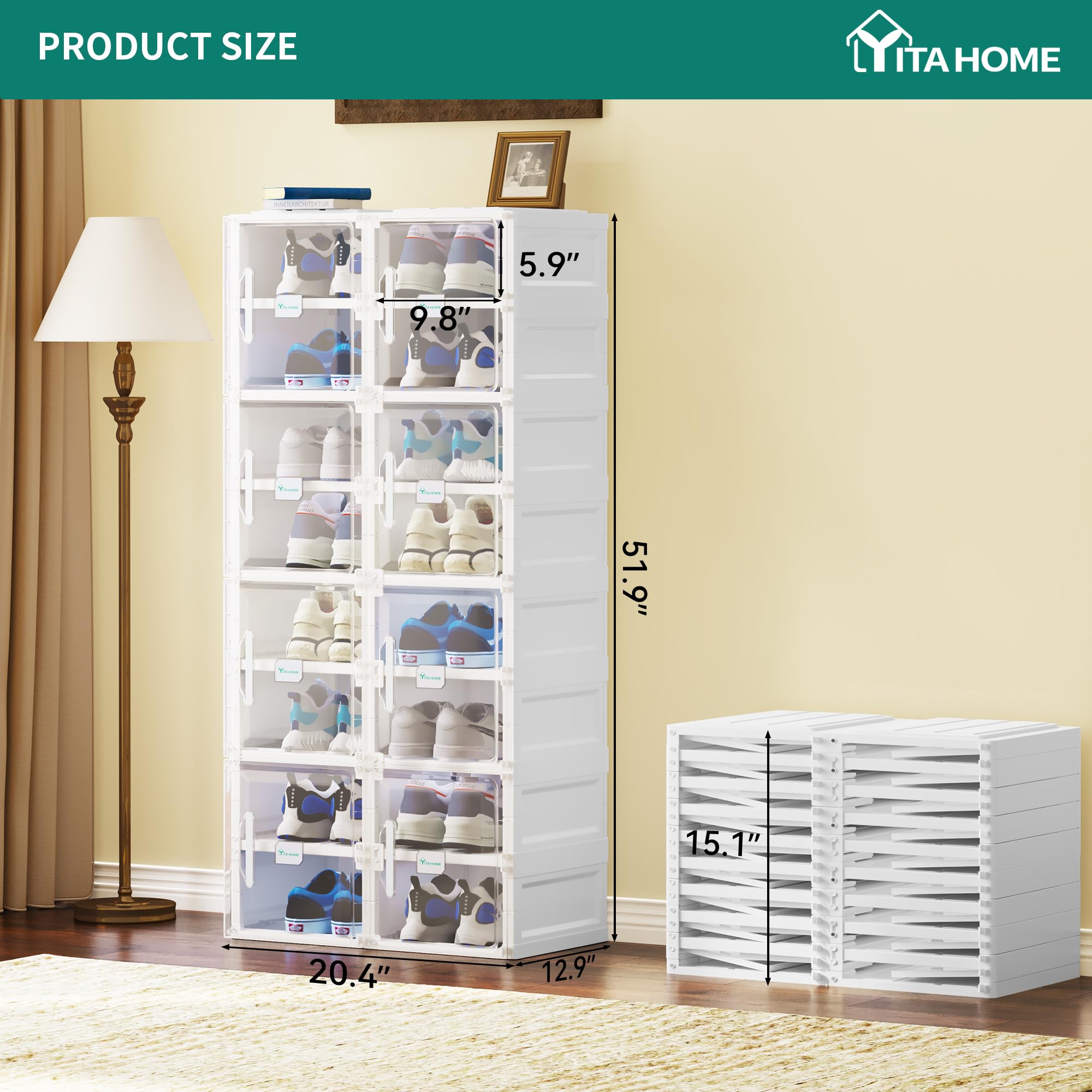 YITAHOME Shoe Storage Organizer, Foldable Shoe Box with Doors, 20 Grid Stackable Transparent Shoe Cabinet Installation-Free for Hallway, Living Room, Closet (White)