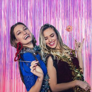 Sharonlily Gorgeous Iridescent Pink Foil Fringe Curtain-2 Pack 3.2x8.2 Feet Premium Neon Metallic Streamers Photo Booth Backdrop for Birthday Bachelorette Graduation Party Decorations (Pink-Orange)