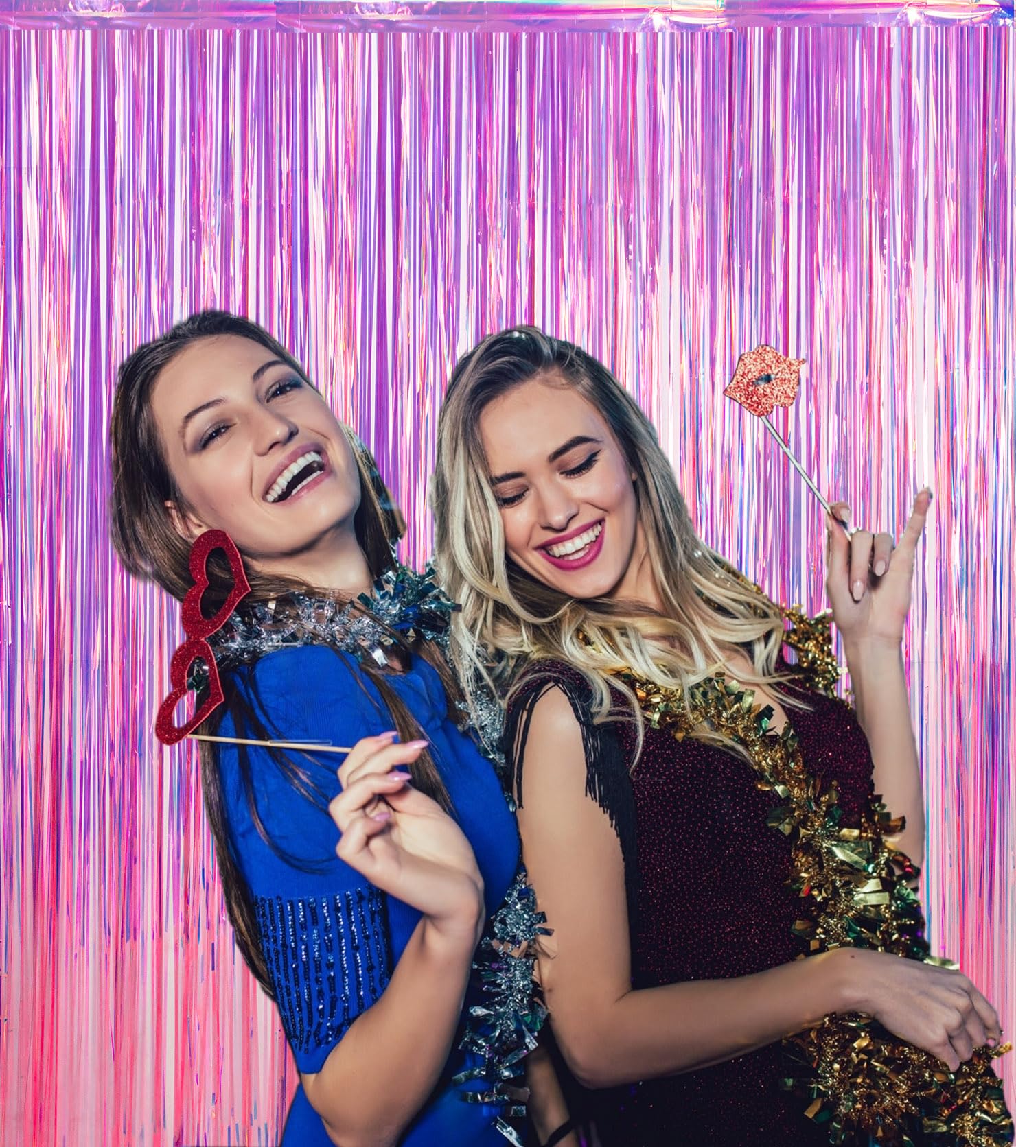 Sharonlily Gorgeous Iridescent Pink Foil Fringe Curtain-2 Pack 3.2x8.2 Feet Premium Neon Metallic Streamers Photo Booth Backdrop for Birthday Bachelorette Graduation Party Decorations (Pink-Orange)