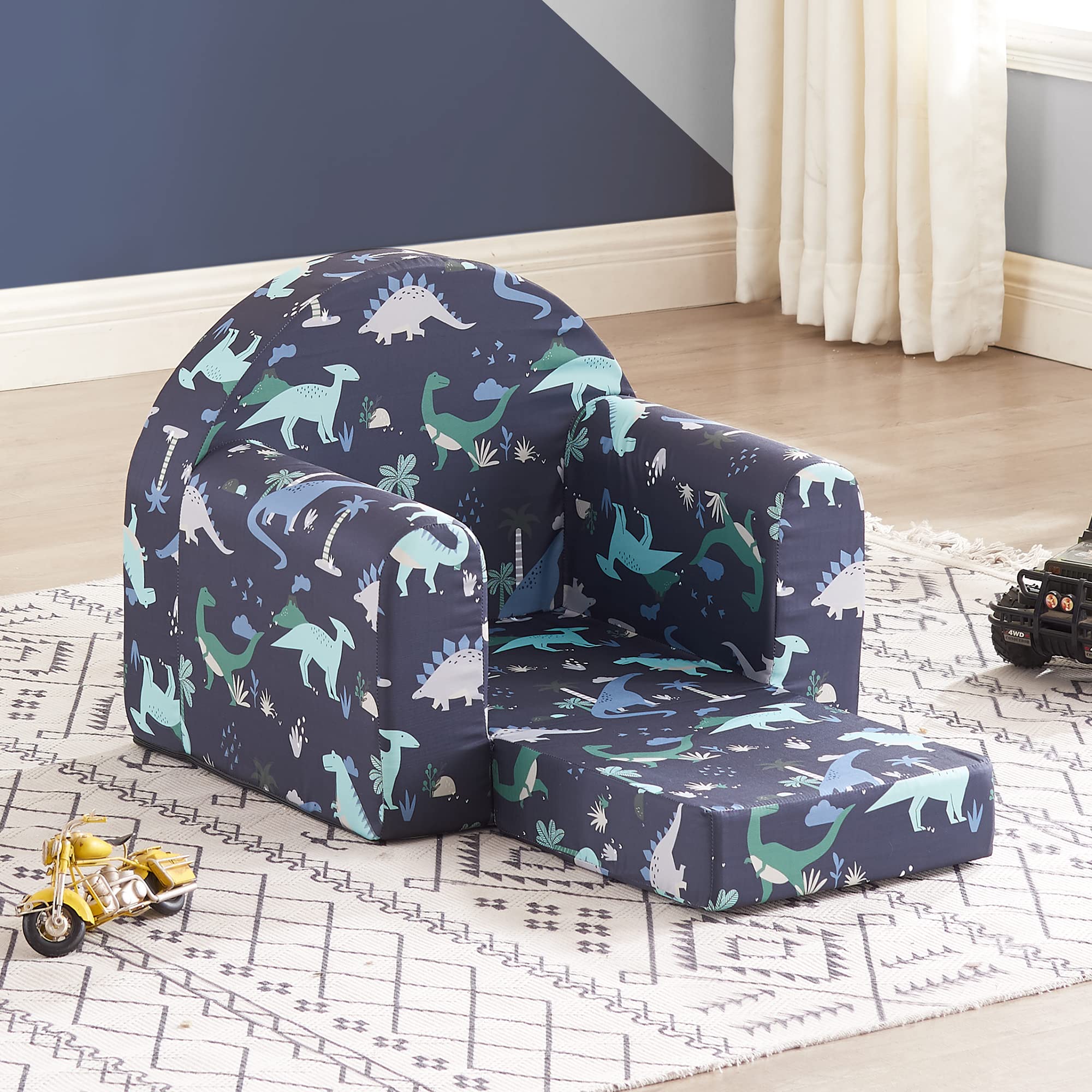 Ulax furniture Kids Sofa Couch, 2-in-1 Flip Out Toddler Couch, Baby Lounge Chair (Navy Dinosaur)