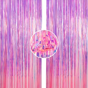 Sharonlily Gorgeous Iridescent Pink Foil Fringe Curtain-2 Pack 3.2x8.2 Feet Premium Neon Metallic Streamers Photo Booth Backdrop for Birthday Bachelorette Graduation Party Decorations (Pink-Orange)